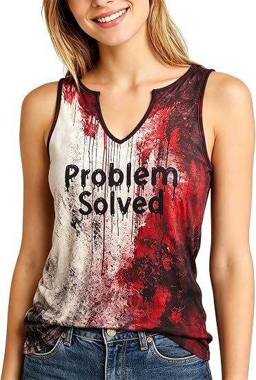 Womens Funny Problem Solved Bloody Tank Top - Halloween Blood Splatter Graphic Tank - Scary Horror Costume Top for Party - skull tank tops