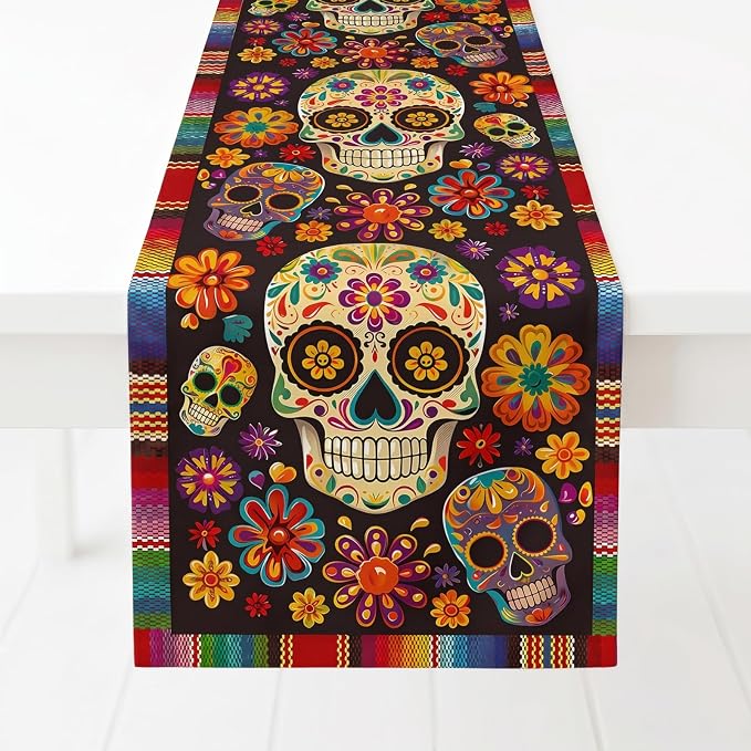 Flowers Sugar Skull Mexican Day of The Dead Table Runner