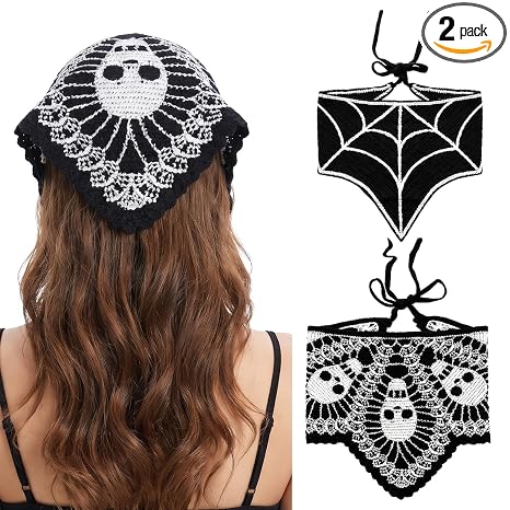 2 Pcs Black Skull Headbands Crochet Bandanas Web Gothic Head Scarf - skull headband