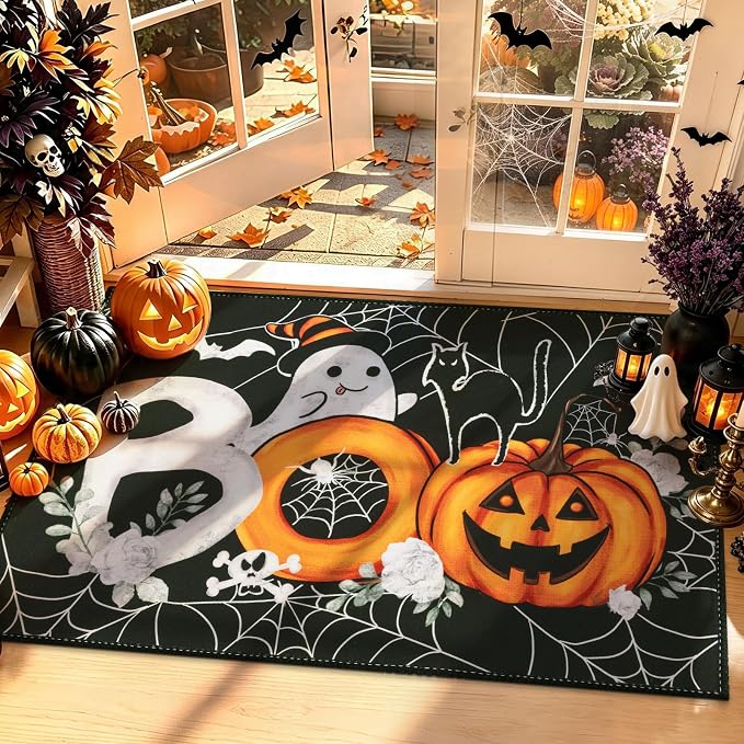 Halloween Door Mat 32"x48", Non Slip Machine Washable Welcome Mat - skull floor mat