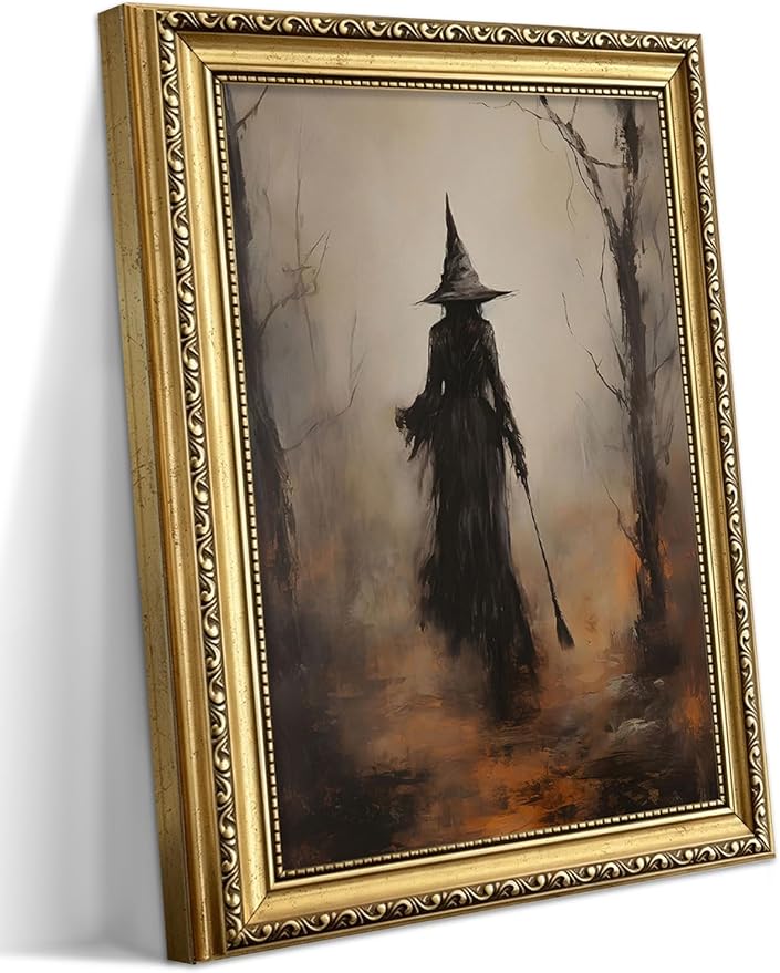 Gold Framed Halloween Wall Art Spooky Autumn Forest Witch Artwork 8x10 Inch - skull wall art