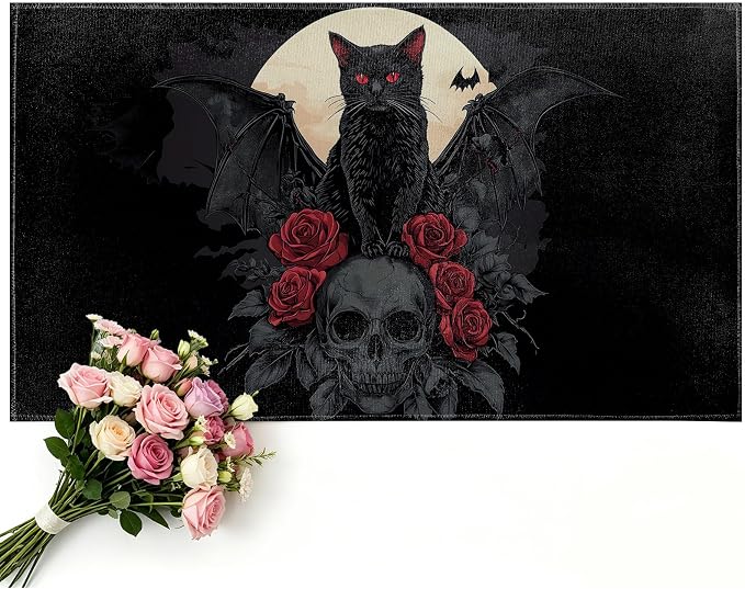 Gothic Black Cat Skull Indoor Door Mat, Non-Slip Backing, Non-Woven Doormat 17x29.5 Inch, Moon Dark Witchy Pet Decorative Rug Pad, Bat Wing Skeleton Kitten Home Decor - skull door mat