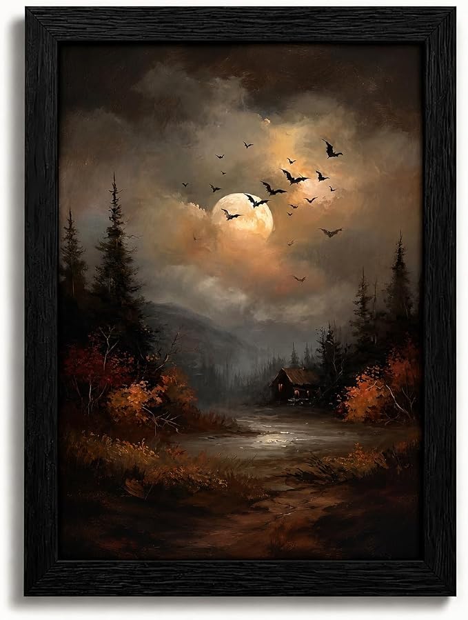 YIJONLFH Witchy Goth Halloween Bat Forest Cabin Canvas Wall Art - skull painting