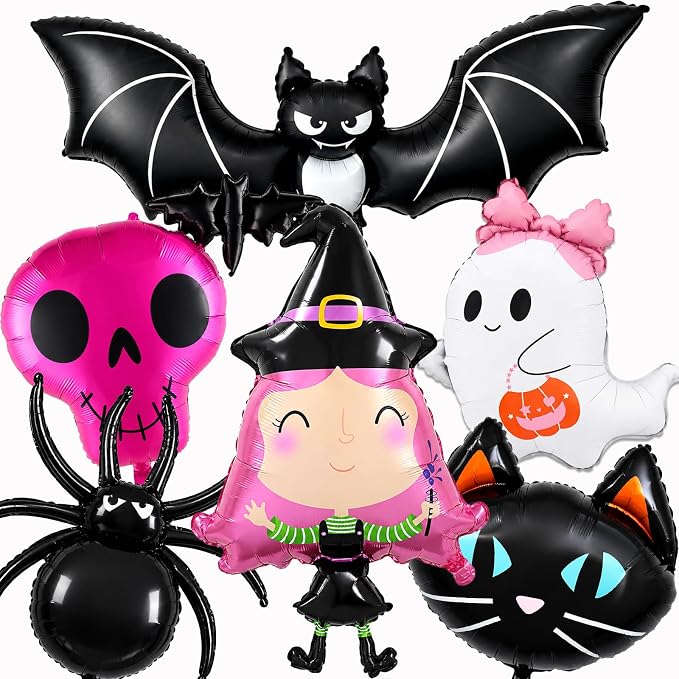 Halloween Party Decorations, Ghost balloons and Witch Balloon, Halloween Balloons Foil, Masquerade Themed Party Decor, Bat Halloween Birthday Party Decorations for Outdoor (Pink Witch) - skull inflatable