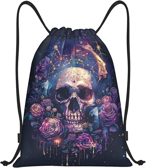Gothic Skull Drawstring Backpack, Celestial Rose Gym Bag for Men Women - skull backpack