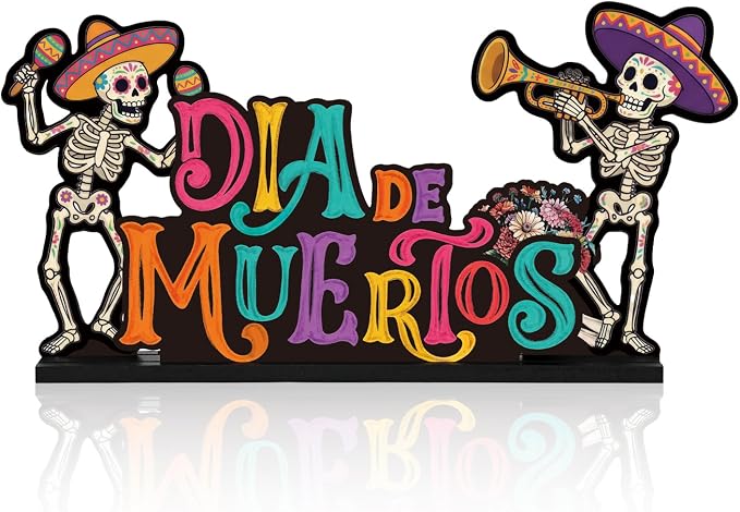 Smile Dia de los Muertos Wooden Standing Decor - skull plate