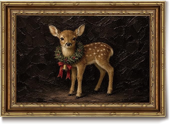 Christmas Deer Wreath Bell Vintage Wildlife Animal Wall Art Framed Print - skull wall art