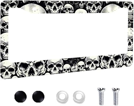 Gothic Skull Pattern License Plate Frame - Black & White Punk Rock Car Frame, Edgy Automotive License Holder, Standard 6x12 Inch Vehicle Decor for US Cars/SUVs/Trucks - skull plate