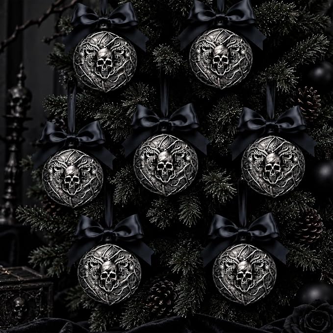 12 Pcs Halloween Skull Tree Ornaments Black Christmas Ornaments - sugar skull ornament