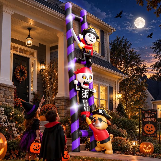 Kalolary 10FT Halloween Inflatable Decorations Pirate Skeleton Ladder - skull inflatable