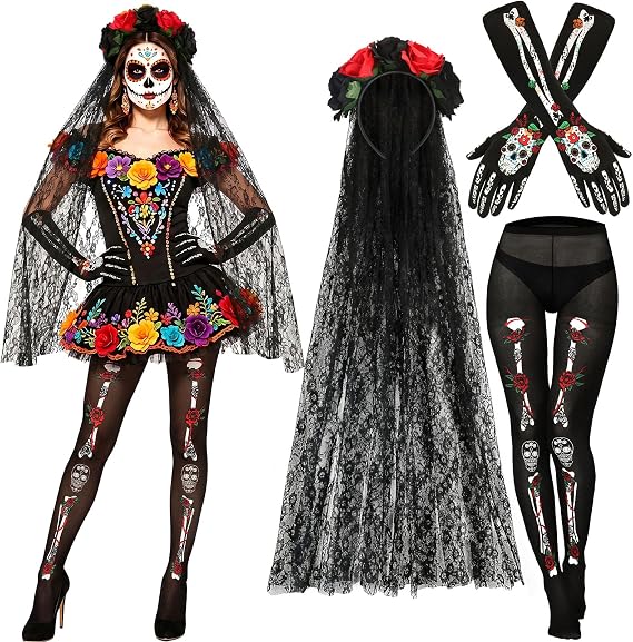 Day of the Dead Costume Sets for Women Halloween Cosplay Party - sugar skull makeup
