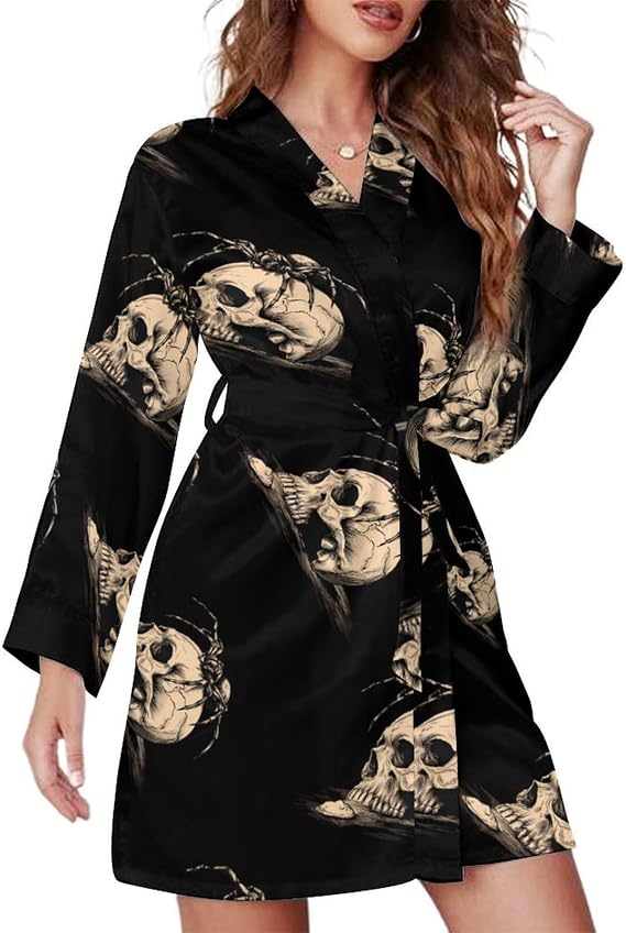 Demon Spider Skull Womens Long Sleeve Robes Lightweight Sleepwear V Neck Bathrobes with Belt X-Large - skull pajamas