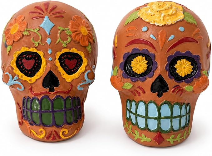 2 Pcs Sugar Skulls Figurines, Day of The Dead Ofrenda Decorations - skull figurine