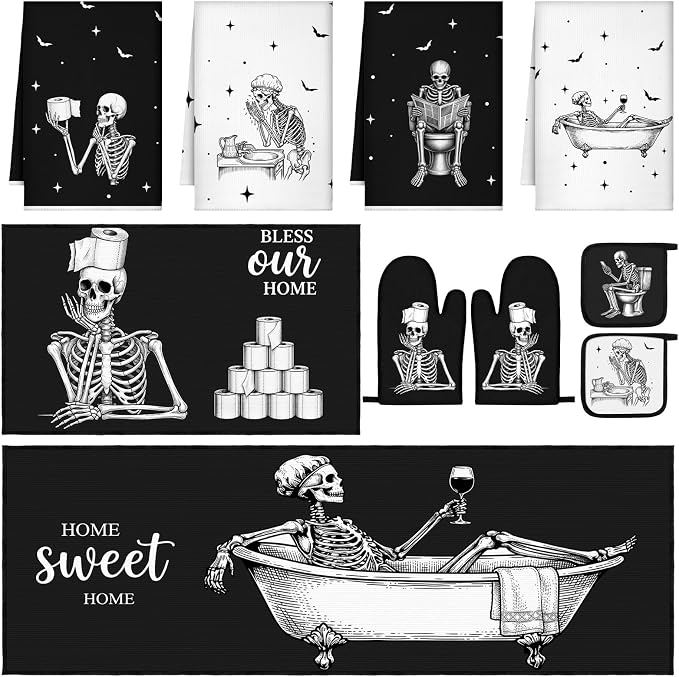 Fourluoo 10 Pcs Halloween Skeleton Kitchen Bathroom Decor Set