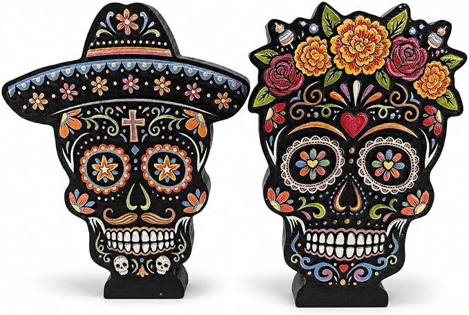 2 Pcs Sugar Skull Figurines, Day of The Dead Ofrenda Decorations - skull figurine
