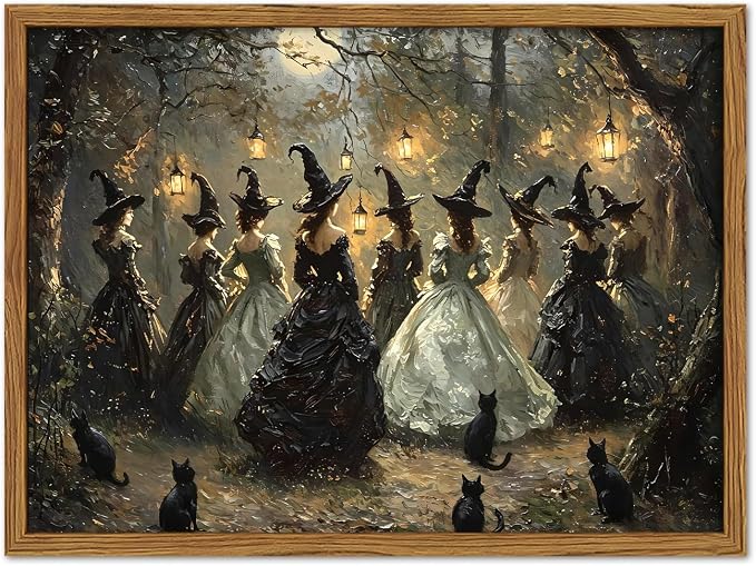 Framed Vintage Halloween Witch Wall Art, Dark Academia Gothic Black Cat Pictures Wall Decor, Witchy Forest Paintings Canvas Prints Moody Home Decor for Living Room Bedroom Bathroom 8x10 inch - skull painting