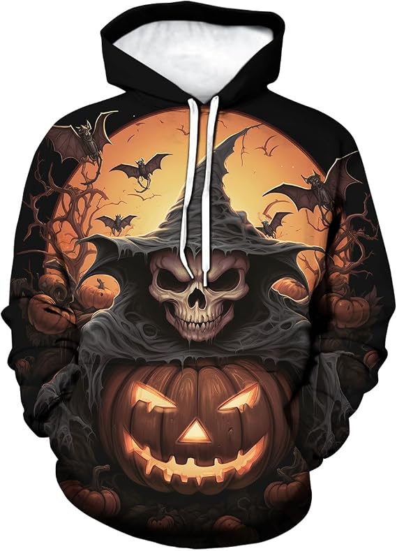 Vintage 3D Halloween Skull Pumpkin Hoodie Men’s Skeleton Castle Graphic Hooded Sweatshirts Pullover