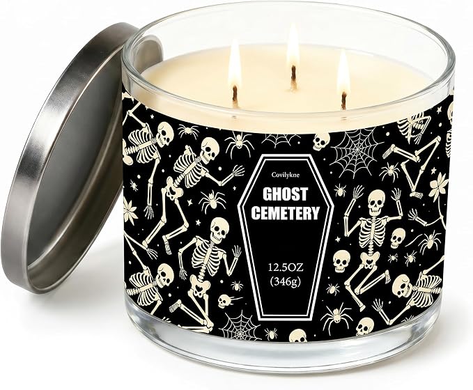 3 Wicks Halloween Skull Pattern Candle, 12.5oz Soy Wax Scented Candle, Classic Halloween Themed Jar Candle, Home Indoor Decor for Festival Gathering, Holiday (Light Yellow Skull) - skull candle