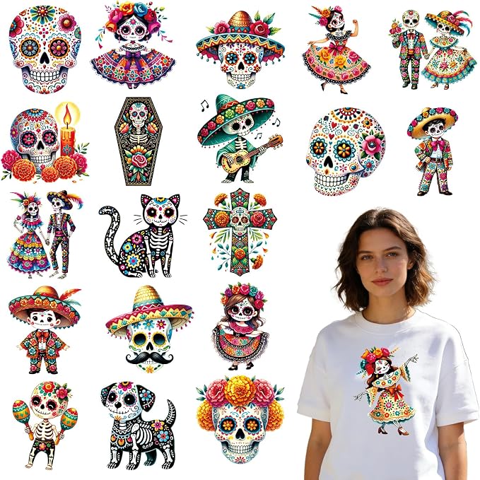 20 Pcs Dia De Los Muertos Iron on Patches for T-Shirts 7x7 Inch - skull sticker