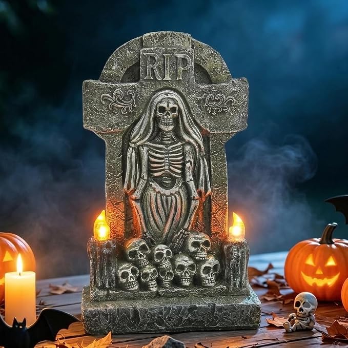 HUYIENO Solar Halloween Decorations Outdoor - Resin Tombstone RIP Skeleton Statue with Flickering Candle LED Light, Flashing Skull Gravestone for Yard Garden Graveyard Decor - skull figurine