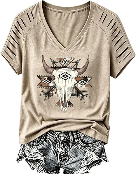 Women's Country Concert Shirt V-Neck Graphic T-Shirts Summer Hollow Out Short-Sleeved Cut Out Shirt Fashion Tee Tops - skull tshirt