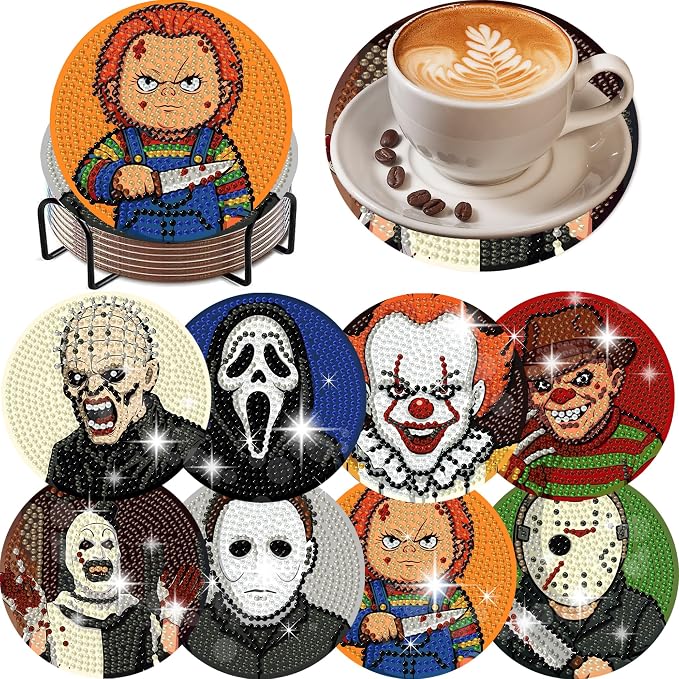 8 Pcs Horror Diamond Art Coasters Kit for Adults 4x4inch - skull coaster