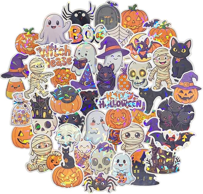 Halloween Stickers for Kids, Holographic Happy Halloween Sticker Bulk 50Pcs - skull sticker