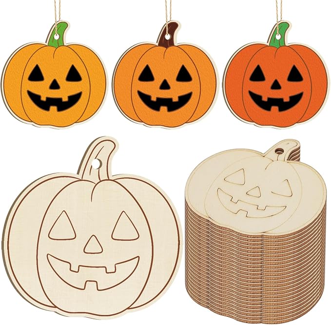 24 PCS Wooden Halloween Ornaments to Paint Fall Decorations Crafts for Kids,DIY Blank Autumn Unfinished Wood Skull Pumpkin Ghost Bat Boo Trick or Treat Halloween Cutouts for Party Hanging