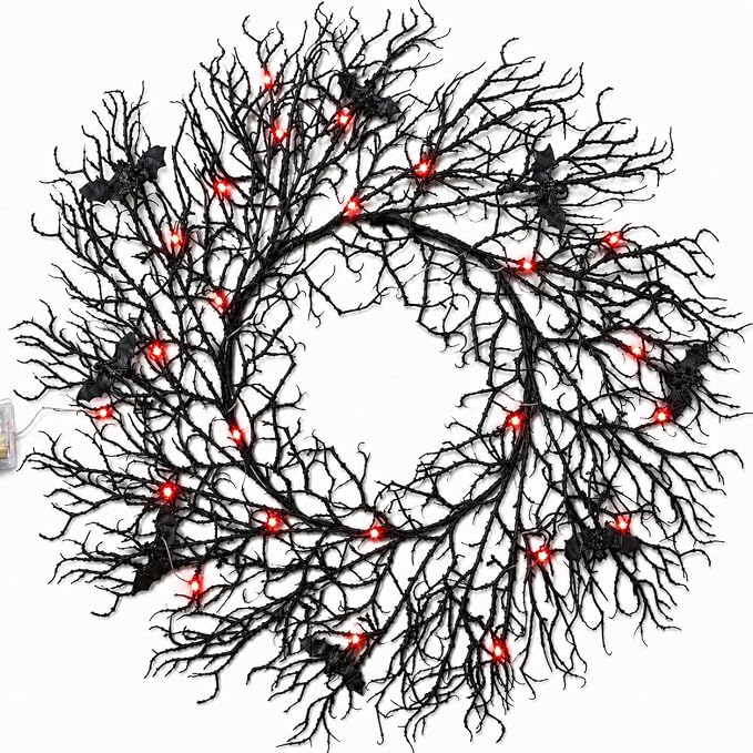 24 Inch Halloween Wreaths for Front Door 20 Red LED Lights