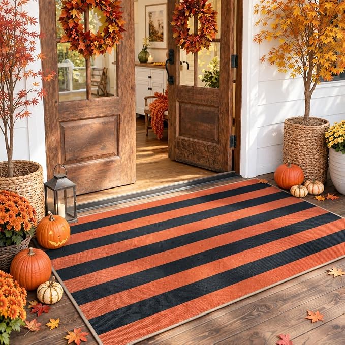 Lahome Striped Fall Outdoor Rug, 3×5 Washable Porch Decor Rug, Orange Black