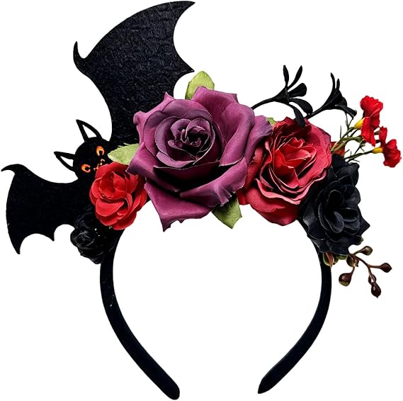coadipress Halloween Bat Headband for Women Black Bat Wing Handmade Colorful Rose Delicate Gothic Halloween Hair Accessory - skull headband