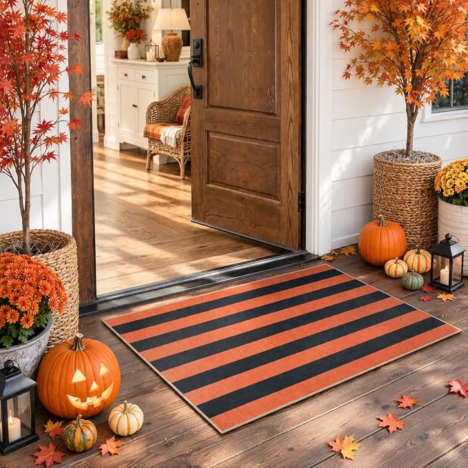 Lahome Striped Fall Door Mat, 2x3 Washable Outdoor Rug, Orange Black - skull floor mat
