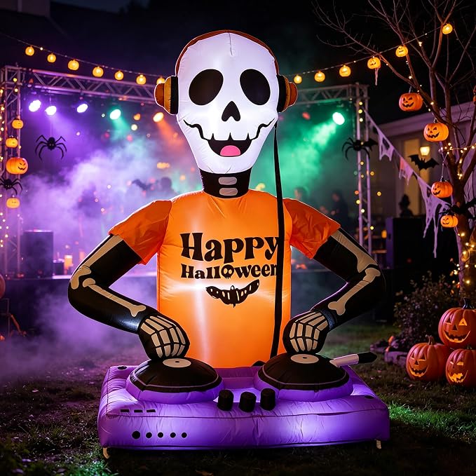 5FT Inflatable Halloween Decoration, Inflatable DJ Skeleton with LED Lights - skull inflatable