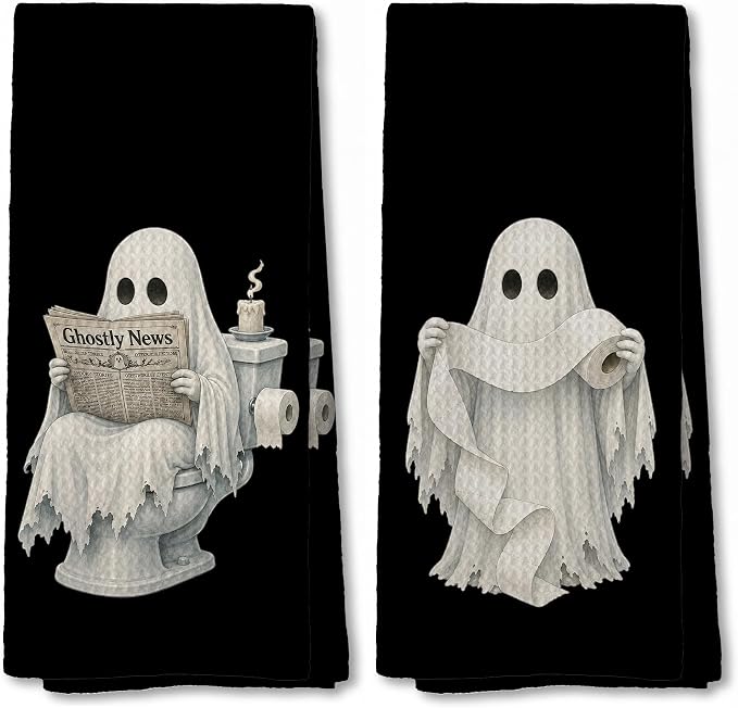 Funny Ghost Bathroom Towels 16x24 Set of 2, Toilet Decor - skull toilet paper