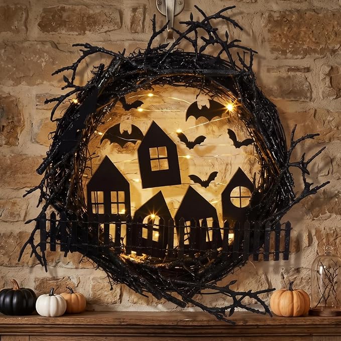 Halloween Wreath Decor with Light for Front Door 14 Inch, Orange