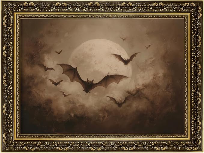 Framed Vintage Halloween Bat Print Full Moon Gothic Wall Art Dark Academia Canvas Poster Spooky Antique Night Decor Witchy Bedroom Living Room Artwork 16x12 inch Vintage Black Frame - skull wall art
