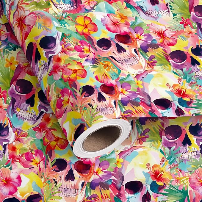 Vnaaem Skull Floral Wrapping Paper Roll Set - White Kraft Colorful Floral Gothic Skeleton Design Gift Wrap for Halloween Holiday Party Baby Shower(Total 28.5 sq.ft) - skull wreath