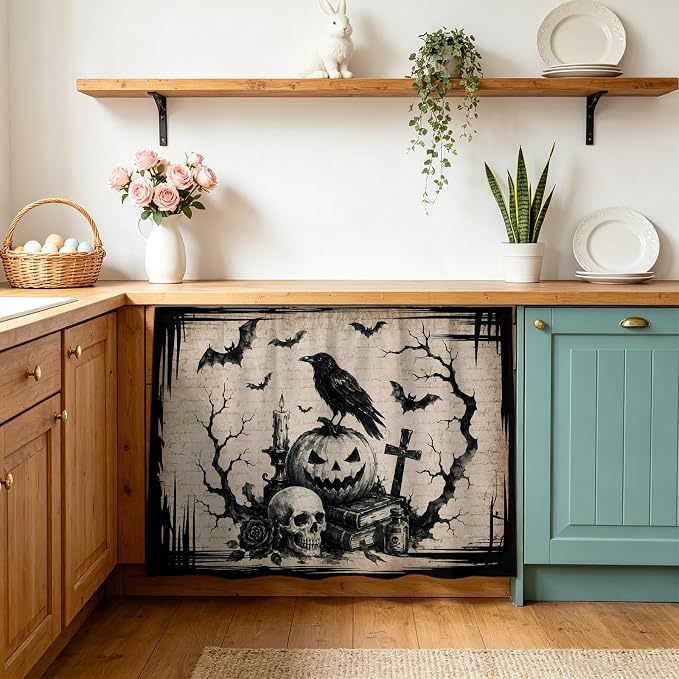 Halloween Cabinet Curtains for Kitchen 28"W x 35"L, Fall Vintage Sitting Black Cat Goth Skull Dark Academia Rustic Farmhouse Sink Skirt Magic Tape Short Curtain Privacy Panel for Bathroom Laundry - skull sticker
