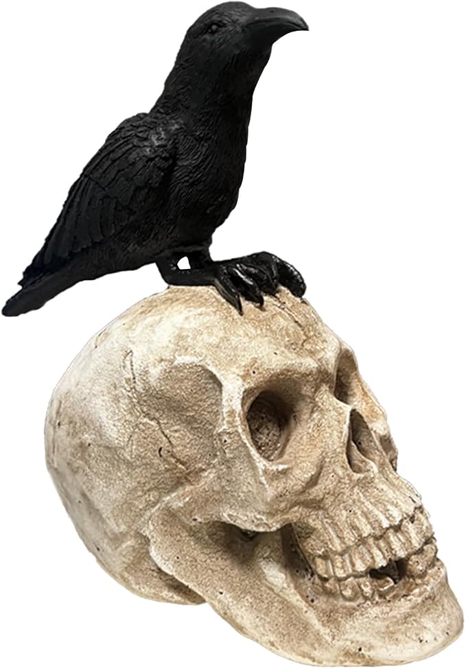 Halloween Raven On Skull Decor, Gothic Black Crow On Skull Statue,Resin Bird Perching On Skeleton Figurine 10.5"(H) - skull figurine