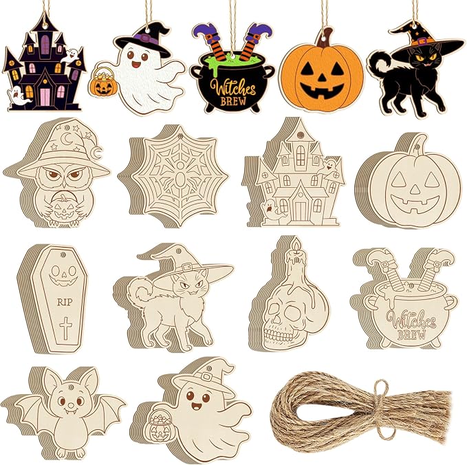 80PCS Wooden Halloween Ornaments to Paint Fall Decorations Crafts for Kids, 10 Styles DIY Blank Autumn Unfinished Skull Pumpkin Ghost Bat Boo Witch Feet Spiderweb Halloween Cutouts for Party Hanging