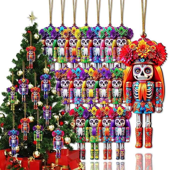 16Pcs Sugar Skull Nutcracker Christmas Ornaments - skull wreath