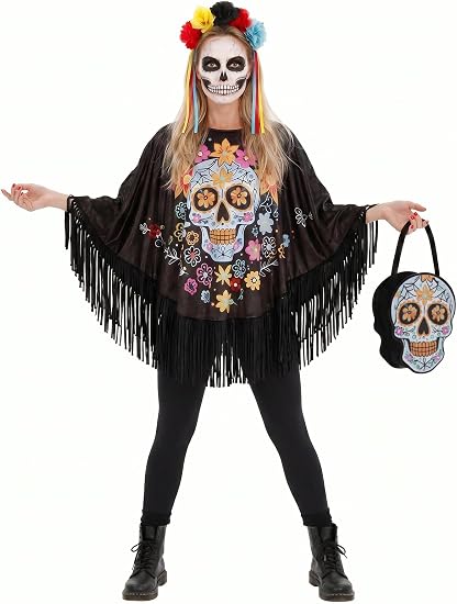 3 PCS Day of the Dead Costume for Women Sugar Skull Poncho - sugar skull makeup