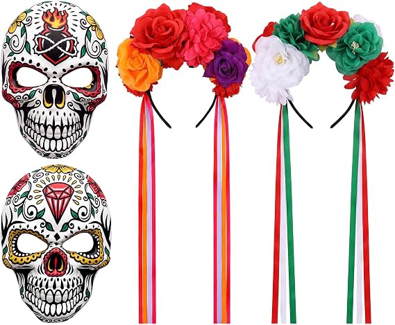 Junkin 4 Pcs Halloween Day of The Dead Masks Floral Headband Skull - skull headband