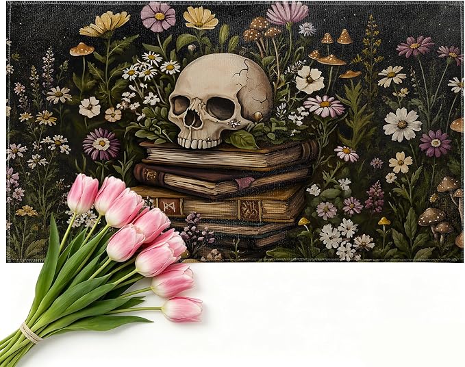 Skull Book Door Mat Indoor 17x29.5 Inch,Skeleton Gothic Floral Doormat for Kitchen Bathroom,Mystical Goth Botanical Decorative Floor Pad Gifts,Nonwoven Entry Rug,Non Slip Dot Plastic Backing - skull toilet mat