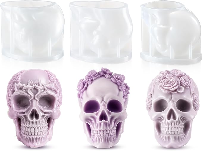 Wenqik 3 Pcs Halloween Skull Candle Molds Large 3D Rose Flower Skull Molds - skull candle