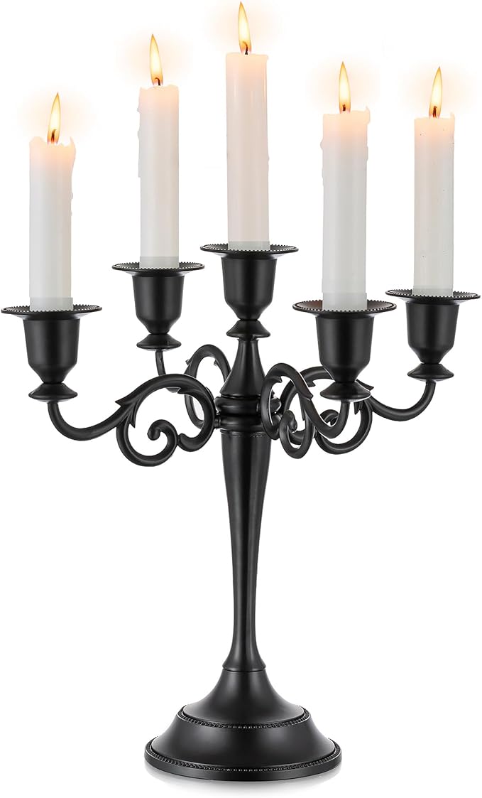 Sziqiqi 5-Arm Black Candelabra for Halloween: Gothic Candle Holder - skull candle