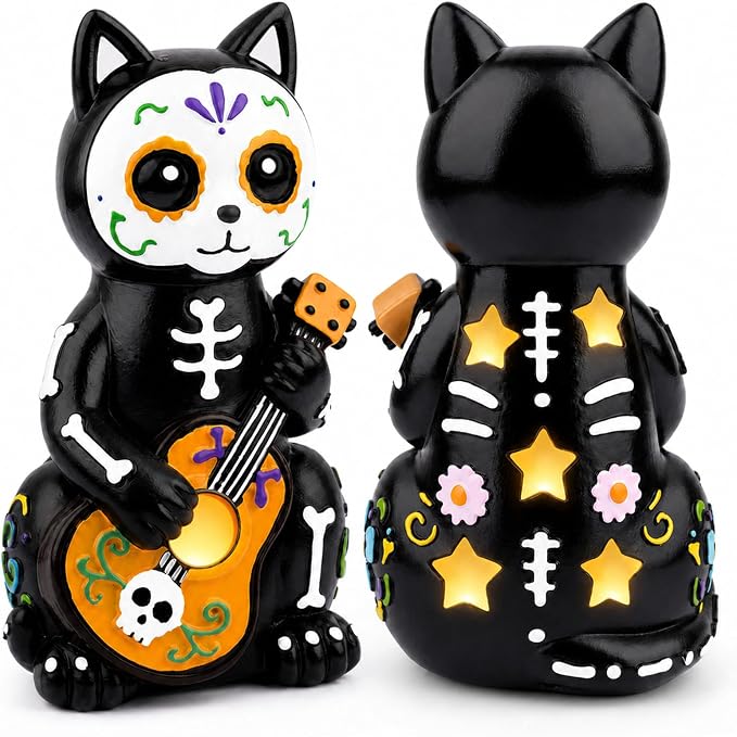 Day of The Dead Figurine, Halloween Black Cat Guitar Statue - skull figurine