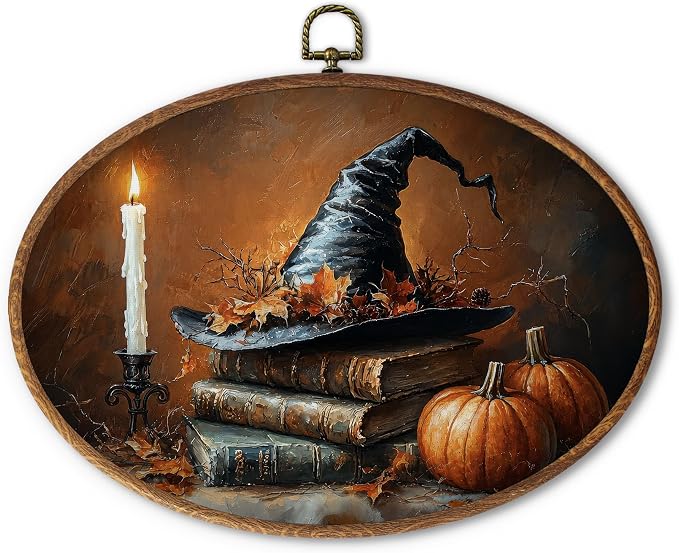 GMCDFHRQ Vintage Halloween Witch Hat Books Pumpkin Wall Art Decor, Retro Farmhouse Cottage Core Canvas Print Oval Wall Hanging Decor, Framed, 11.6x8.3 Inch.(045) - skull wall art