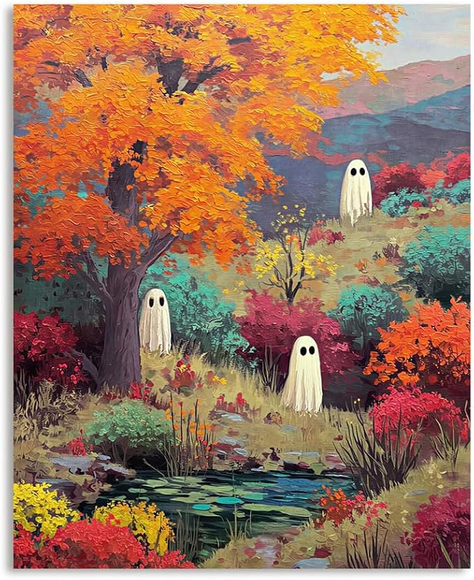 Kunstorner Fall Pictures Wall Decor Halloween Canvas Wall Art Autumn Forest Ghost Prints Halloween Wall Art Prints for Bedroom Living Room Home 15x12 Inch - skull wall art