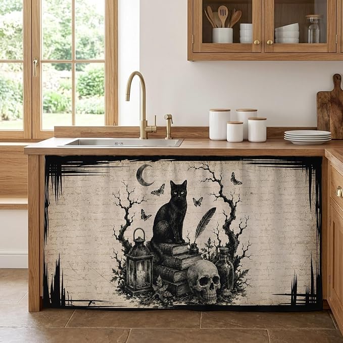 Halloween Cabinet Curtains for Kitchen 32"W x 55"L, Vintage Sitting Black Cat Goth Skull Dark Academia Pantry Curtain Skirt Magic Tape Short Curtains Decor Privacy Panel for Utility Closet Bathroom - skull sticker